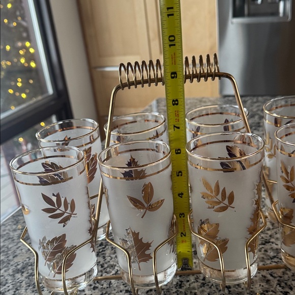 Libbey Gold Leaf 8 Glass Set with Holder Vintage - Picture 7 of 13
